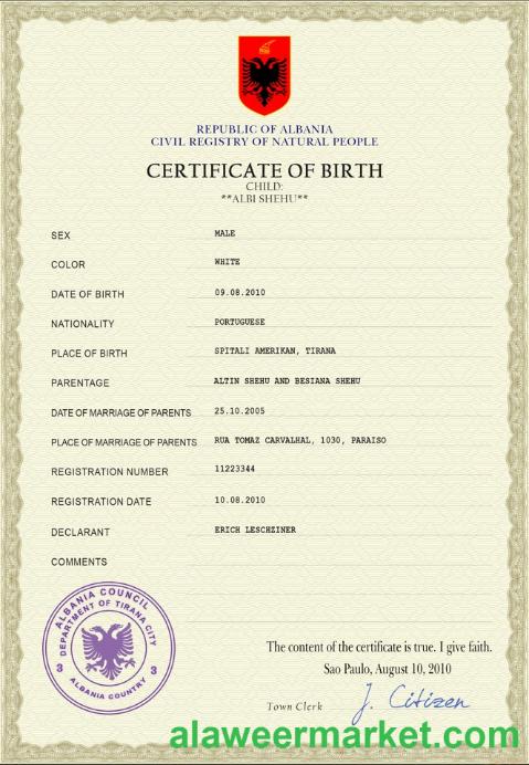 Albania birth certificate PSD template